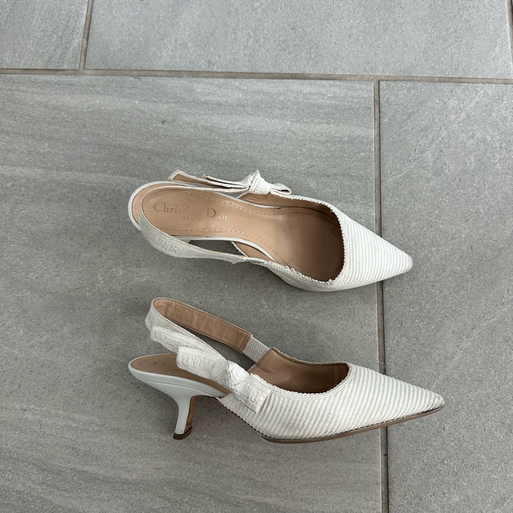 Dior White Textured Slingback Pointed Heels with Bow